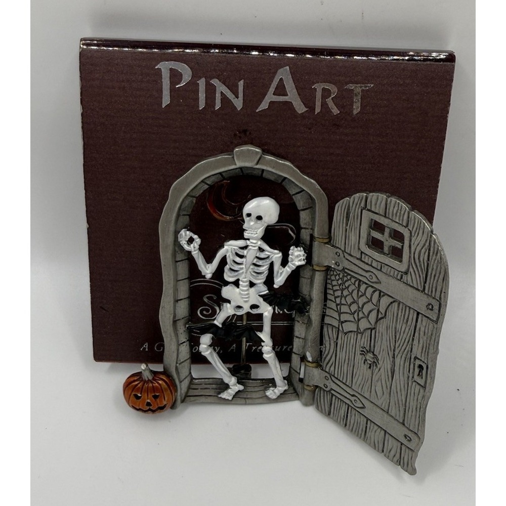 Signed J.J. Jonette Vtg Brooch Pin Halloween Skeleton Hiding Behind Door Opens
